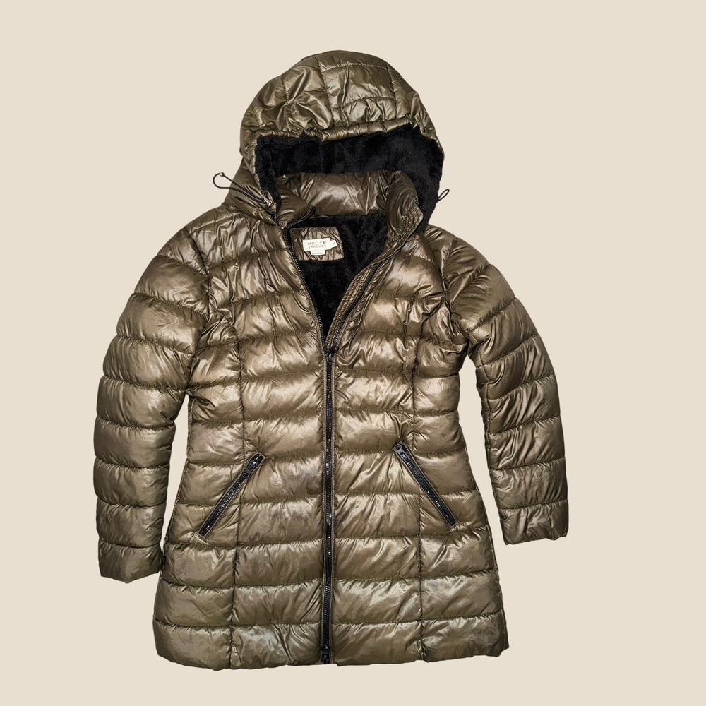 Molly Bracken Metallic Olive Green Hooded Puffer Jacket Faux Fur Lined Medium